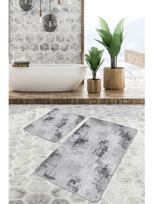 Rem Home Remhome Gri - Beyaz Zeminde Örgü Motifli Eskitme Eskitme Motifli Vintage 2'li Banyo & Mutfak Paspas Takımı Takım Banyo Paspası