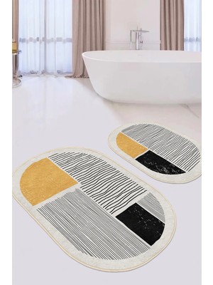 Rem Home Remhome Çizgili Kareli Desenli Dijital Baskılı 2'li Oval Kaymaz Tabanlı Banyo & Mutfak Paspas Takımı Takım Banyo Paspası