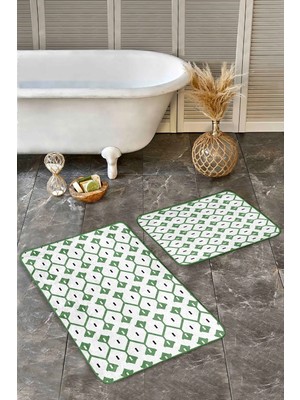 Rem Home Remhome 2'li Set Yeşil Zeminde Geleneksel Motifli Iskandinav Geometrik Klasik 2'li Banyo Paspas Takımı Takım Banyo Paspası