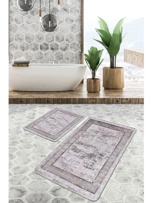 Rem Home Remhome 2'li Set Bordo Zeminde Eskitme Motifli Çerçeve Eskitme Motifli Vintage 2'li Banyo Paspas Takımı Takım Banyo Paspası