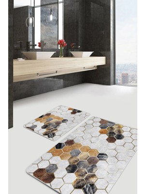 Rem Home Remhome Kahverengi - Gri Zeminde Altıgen Motifli Post Geometrik Sade & Şık 2'li Banyo & Mutfak Paspas Takımı Takım Banyo Paspası