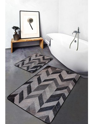 Rem Home Remhome Krem - Kahverengi Zeminde Patchwork Motifli Kürk Sade & Şık Klasik 2'li Banyo & Mutfak Paspas Takımı Takım Banyo Paspası