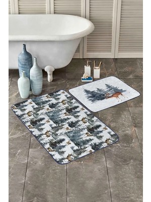 Rem Home Remhome Yılbaşı Temalı Çam Ağaçları Geyik Tasarımlı 2'li Kaymaz Tabanlı Banyo & Mutfak Paspas Takımı Takım Banyo Paspası