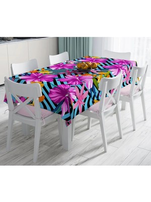 Rem Home Remhome Mavi Geometrik Zeminli Çiçekler Modern Tasarım Leke Tutmaz Masa Örtüsü 120X140 cm 90 x 90 cm