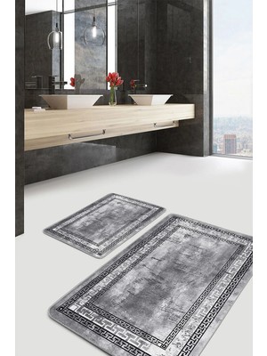Rem Home Remhome Gri Siyah Zeminde Çerçeveli Motifli Antik Eskitme Motifli Geometrik 2'li Banyo Mutfak Paspas Takımı Takım Banyo Paspası
