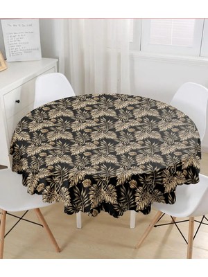 Rem Home Remhome Siyah Zeminde Altın Renkli Yapraklar Desenli Yuvarlak Masa Örtüsü - Çap 140CM 140 x 140 cm