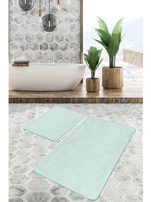 Rem Home Remhome 2'li Set Düz Renk Mint Yeşili 2'li Banyo & Mutfak Paspas Takımı Takım Banyo Paspası