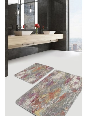 Rem Home Remhome Krem Zeminde Örgü Motifli Kilim Desenli Eskitme Motifli Modern 2'li Banyo & Mutfak Paspas Takımı Takım Banyo Paspası
