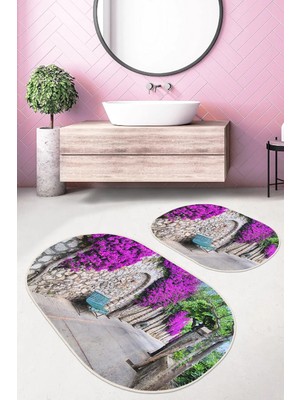 Rem Home Remhome Mor Sarmaşıklı Sokak Dijital Baskılı 2'li Oval Kaymaz Tabanlı Banyo & Mutfak Paspas Takımı Takım Banyo Paspası