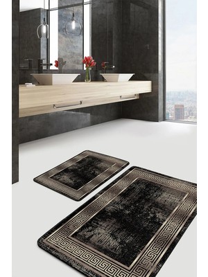 Rem Home Remhome Gold - Siyah Zeminde Çerçeveli Motifli Altın Geometrik Avangarde 2'li Banyo & Mutfak Paspas Takımı Takım Banyo Paspası