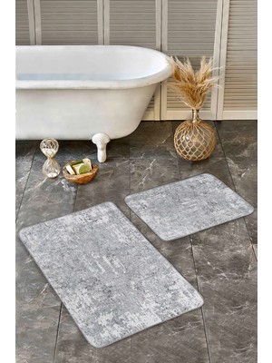 Rem Home Remhome 2'li Set Açık Gri Zeminde Eskitme Motifli Duvar Eskitme Motifli Vintage 2'li Banyo Paspas Takımı Takım Banyo Paspası