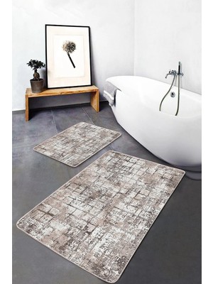 Rem Home Remhome Kahverengi - Beyaz Zeminde Kareli Motifli Dokuma Eskitme Motifli Vintage 2'li Banyo Paspas Takımı Takım Banyo Paspası