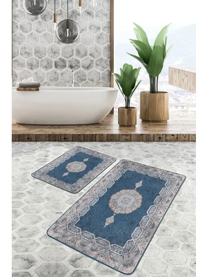 Rem Home Remhome 2'li Set Mavi Zeminde Kilim Motifli Otantik Eskitme Motifli Avangarde 2'li Banyo Paspas Takımı Takım Banyo Paspası