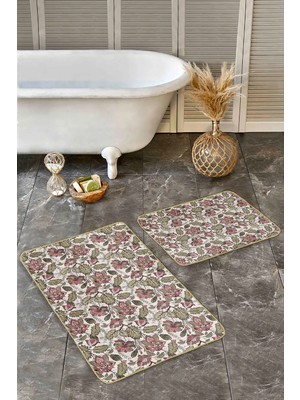 Rem Home Remhome 2'li Set Krem Zeminde Floral Motifli Yaprak Desenli Floral Klasik 2'li Banyo & Mutfak Paspas Takımı Takım Banyo Paspası