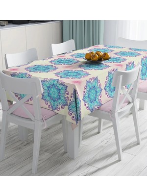 Rem Home Remhome Pembe Zeminde Mavi Mandala Çizimli Modern Dijital Baskılı Masa Örtüsü 90 x 90 cm