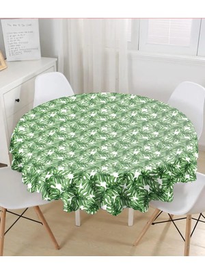 Rem Home Remhome Beyaz Zemin Üzerinde Yeşil Yaprak Desenli Yuvarlak Masa Örtüsü - Çap 140CM 140 x 140 cm