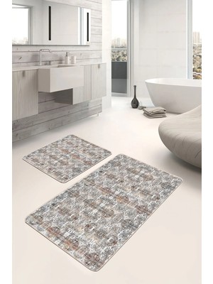 Rem Home Remhome Beyaz Zeminde Geleneksel Motifli Kilim Eskitme Motifli Etnik Motifler 2'li Banyo Mutfak Paspas Takım Takım Banyo Paspası