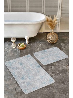 Rem Home Remhome Mavi Gri Zeminde Geometrik Motifli Eskitme Geometrik Eskitme Motifli 2'li Banyo Mutfak Paspas Takımı Takım Banyo Paspası