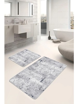 Rem Home Remhome 2'li Set Gri Zeminde Eskitme Motifli Geometrik Eskitme Motifli Geometrik 2'li Banyo Paspas Takımı Takım Banyo Paspası