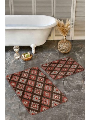Rem Home Remhome Kahverengi Zeminde Geleneksel Motifli Kilim Geometrik Etnik Motifler 2'li Banyo Mutfak Paspas Takımı Takım Banyo Paspası