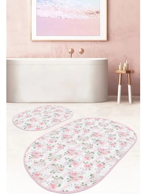 Rem Home Remhome Pudra Gül Desenli Dijital Baskılı 2'li Oval Kaymaz Tabanlı Banyo & Mutfak Paspas Takımı Takım Banyo Paspası