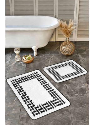 Rem Home Remhome 2'li Set Siyah - Beyaz Zeminde Kazayağı Motifli Klasik Geometrik Klasik 2'li Banyo Paspas Takımı Takım Banyo Paspası