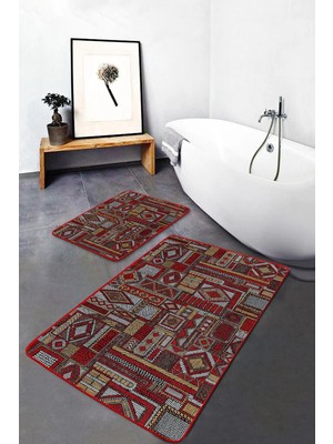 Rem Home Remhome Kırmızı - Kahve Zeminde Patchwork Motifli Otantik Desenli Etnik Motifler 2'li Banyo Paspas Takımı Takım Banyo Paspası