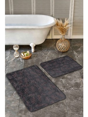Rem Home Remhome Krem - Kahverengi Zeminde Eskitme Motifli Yaprak Floral Sade & Şık 2'li Banyo & Mutfak Paspas Takımı Takım Banyo Paspası