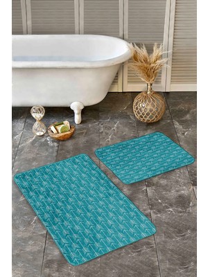 Rem Home Remhome Turkuaz Zeminde Iskandinav Motifli Ok Desenli Geometrik Klasik 2'li Banyo & Mutfak Paspas Takımı Takım Banyo Paspası