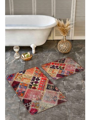 Rem Home Remhome Kırmızı Zeminde Patchwork Motifli Geleneksel Desenli Vintage Etnik Motifler 2'li Banyo Paspas Takımı Takım Banyo Paspası