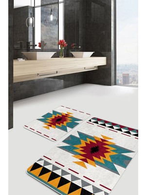 Rem Home Remhome 2'li Set Krem Zeminde Geleneksel Motifli Kilim Etnik Motifler Geometrik 2'li Banyo Paspas Takımı Takım Banyo Paspası