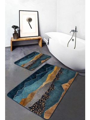 Rem Home Remhome 2'li Set Mavi Gold Zeminde Kanvas Motifli Mermer Desenli Modern Sade & Şık 2'li Banyo Paspas Takımı Takım Banyo Paspası
