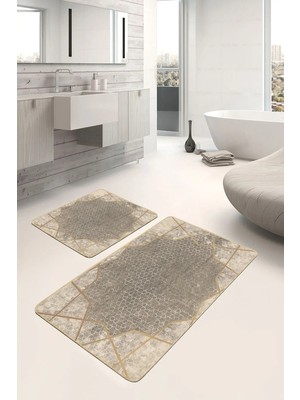 Rem Home Remhome Krem Zeminde Çerçeveli Motifli Geometrik Geometrik Eskitme Motifli 2'li Banyo & Mutfak Paspas Takımı Takım Banyo Paspası