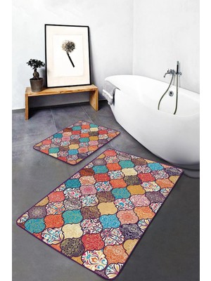 Rem Home Remhome Çok Renkli Zeminde Patchwork Motifli Geleneksel Geometrik Klasik 2'li Banyo & Mutfak Paspas Takımı Takım Banyo Paspası