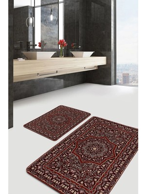 Rem Home Remhome Kahverengi Zeminde Pers Motifli Kilim Desenli Vintage Avangarde 2'li Banyo & Mutfak Paspas Takımı Takım Banyo Paspası