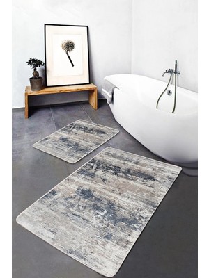 Rem Home Remhome 2'li Set Krem Zeminde Eskitme Motifli Antik Desenli Eskitme Motifli Modern 2'li Banyo Paspas Takımı Takım Banyo Paspası