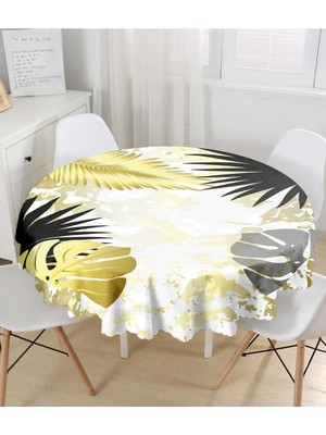 Rem Home Remhome Mermer Zeminli Gold ve Siyah Yapraklar Dijital Baskılı Modern Yuvarlak Masa Örtüsü 140 x 140 cm