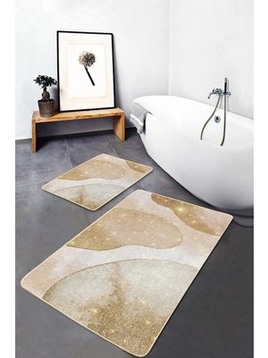 Rem Home Remhome 2'li Set Gold - Krem Zeminde Kanvas Motifli Boyama Desenli Bohem Sade & Şık 2'li Banyo Paspas Takımı Takım Banyo Paspası