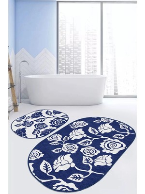 Rem Home Remhome Lacivert Beyaz Gül Tasarımlı 2'li Oval Kaymaz Tabanlı Mutfak Paspası Takımı & Banyo Paspas Seti Takım Banyo Paspası