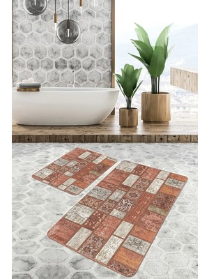Rem Home Remhome 2'li Set Kahverengi Zeminde Patchwork Motifli Geleneksel Vintage Vintage 2'li Banyo Paspas Takımı Takım Banyo Paspası