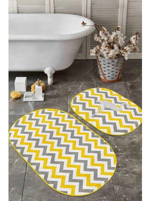 Rem Home Remhome Sarı Gri Zigzag Tasarımlı Flamingo Motifli 2'li Oval Kaymaz Tabanlı Banyo & Mutfak Paspas Takımı Takım Banyo Paspası