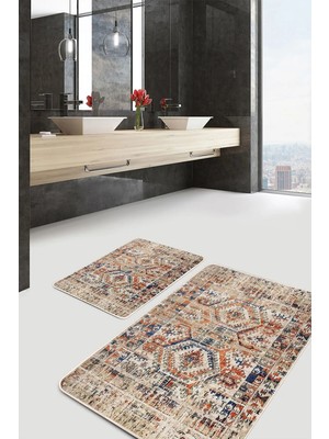 Rem Home Remhome Krem Zeminde Osmanlı Motifli Kilim Etnik Motifler Eskitme Motifli 2'li Banyo & Mutfak Paspas Takımı Takım Banyo Paspası