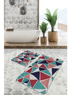 Rem Home Remhome 2'li Set Gri Zeminde Üçgen Motifli Geometrik Desenli Geometrik Sade & Şık 2'li Banyo Paspas Takımı Takım Banyo Paspası
