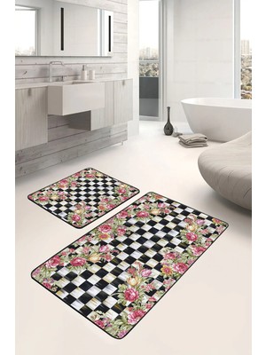 Rem Home Remhome 2'li Damalı Zeminde Damask Motifli Çiçek Desenli Floral Geometrik 2'li Banyo & Mutfak Paspas Takımı Takım Banyo Paspası