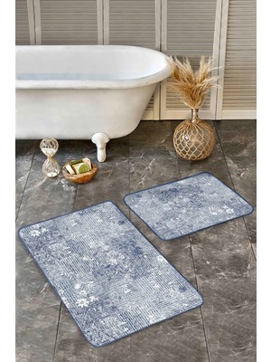 Rem Home Remhome Mavi - Beyaz Zeminde Eskitme Motifli Çiçek Eskitme Motifli Vintage 2'li Banyo & Mutfak Paspas Takımı Takım Banyo Paspası