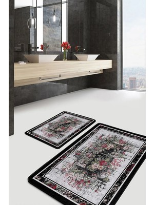 Rem Home Remhome Siyah Kırmızı Zeminde Çerçeveli Motifli Çiçek Floral Eskitme Motifli 2'li Banyo Mutfak Paspas Takımı Takım Banyo Paspası
