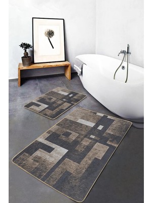 Rem Home Remhome 2'li Set Kahverengi Zeminde Eskitme Motifli Geometrik Geometrik Klasik 2'li Banyo Paspas Takımı Takım Banyo Paspası