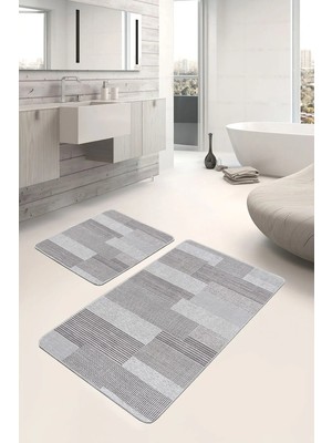 Rem Home Remhome 2'li Set Gri Zeminde Dokuma Halı Motifli Çizgili Desenli Sade & Şık Klasik 2'li Banyo Paspas Takımı Takım Banyo Paspası