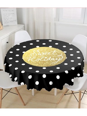 Rem Home Remhome Siyah Zeminde Sweet Holiday Tasarımlı Dijital Baskılı Yuvarlak Masa Örtüsü - Çap 140CM 140 x 140 cm