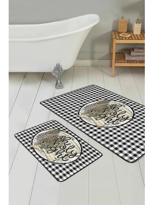 Rem Home Remhome Siyah Beyaz Ekose Tasarımlı 2'li Banyo Halısı & Klozet Seti Takım Banyo Paspası